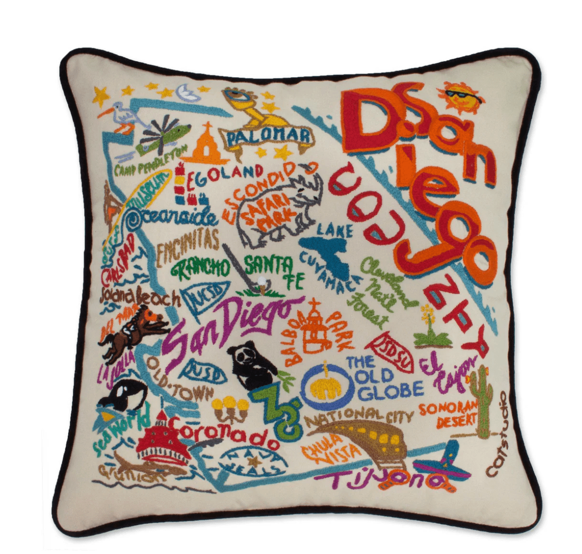 San Diego Hand - Embroidered Pillow - Veranda Cafe & Mercantile
