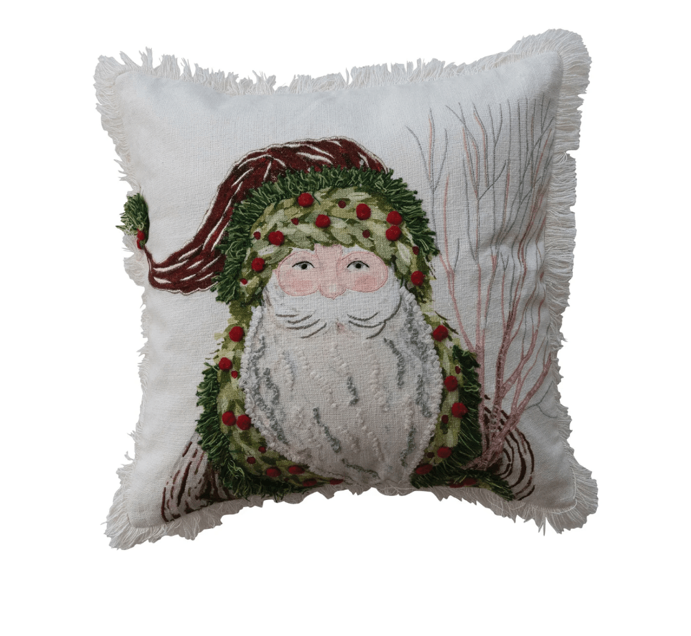 Santa Cotton Slub Pillow with Embroidery & Fringe, 18" - Veranda Mercantile