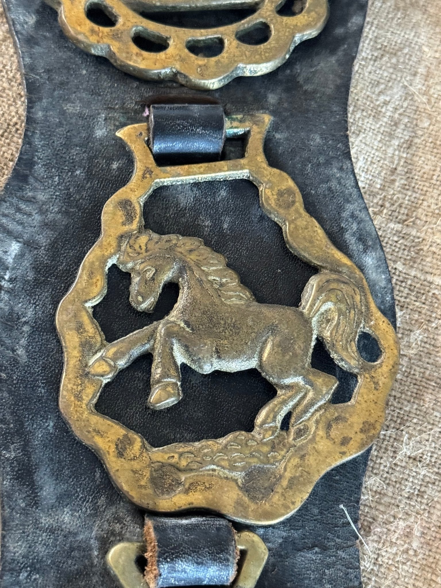 Set of Five Vintage Horse Brasses on Leather Strap - Veranda Cafe & Mercantile