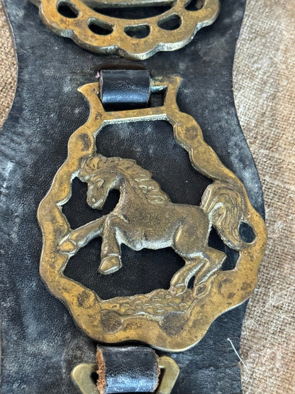 Set of Five Vintage Horse Brasses on Leather Strap - Veranda Cafe & Mercantile
