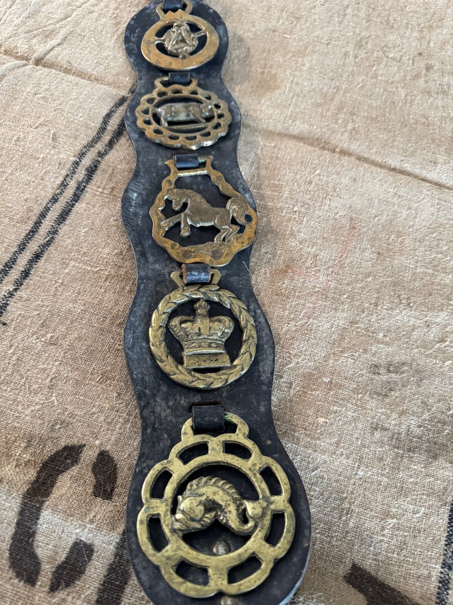 Set of Five Vintage Horse Brasses on Leather Strap - Veranda Cafe & Mercantile