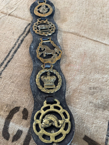 Set of Five Vintage Horse Brasses on Leather Strap - Veranda Cafe & Mercantile