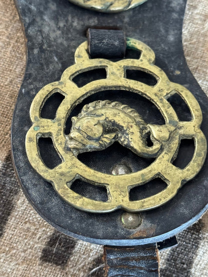 Set of Five Vintage Horse Brasses on Leather Strap - Veranda Cafe & Mercantile