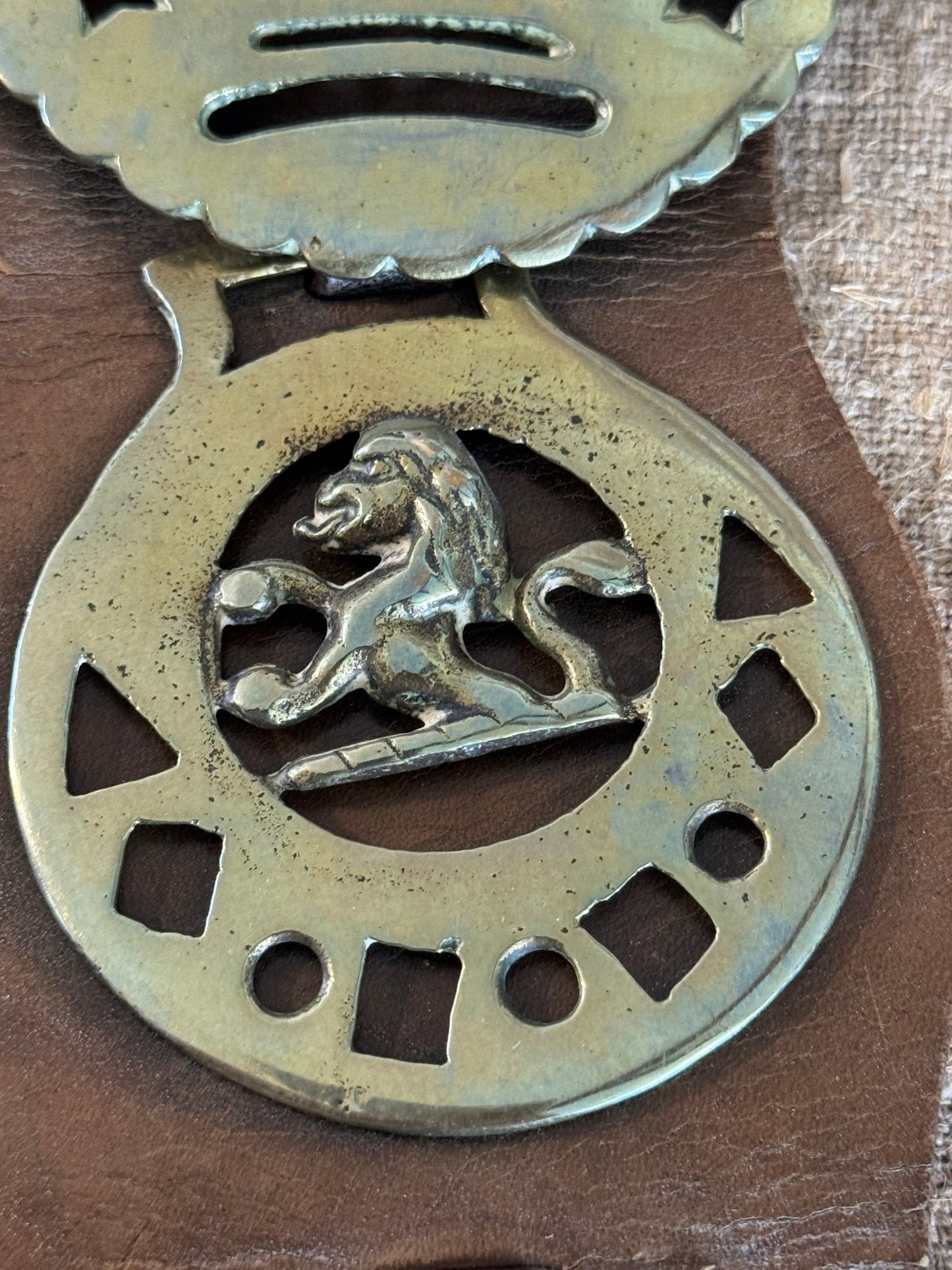 Set of Four Vintage Horse Brasses Mounted on Leather Strap - Veranda Cafe & Mercantile