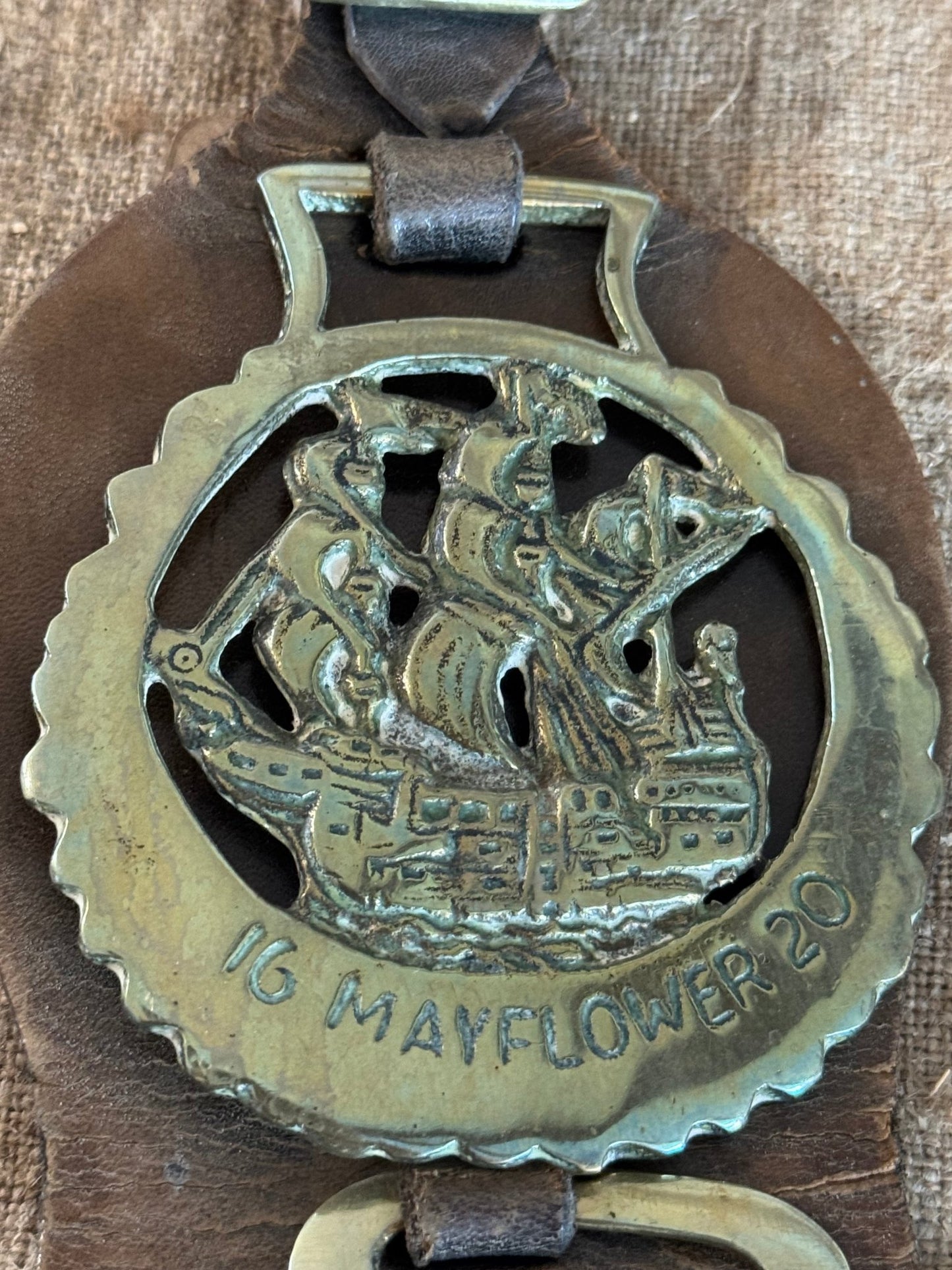 Set of Four Vintage Horse Brasses Mounted on Leather Strap - Veranda Cafe & Mercantile