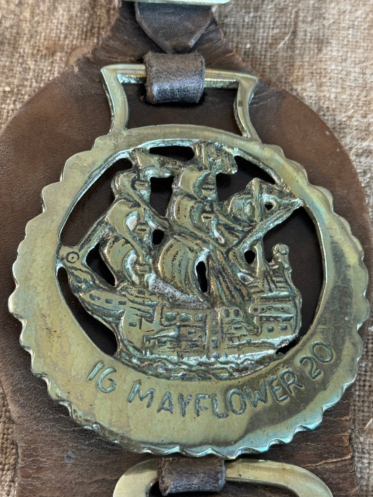 Set of Four Vintage Horse Brasses Mounted on Leather Strap - Veranda Cafe & Mercantile