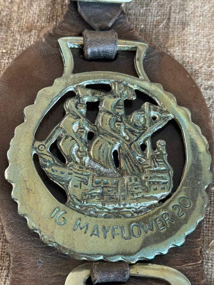 Set of Four Vintage Horse Brasses Mounted on Leather Strap - Veranda Cafe & Mercantile