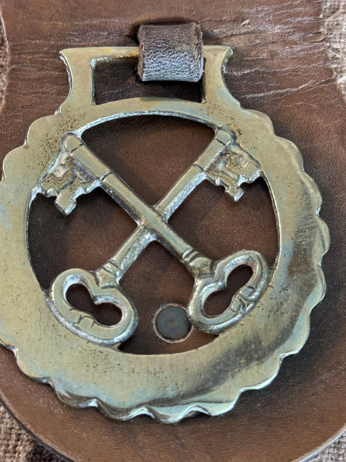 Set of Four Vintage Horse Brasses Mounted on Leather Strap - Veranda Cafe & Mercantile