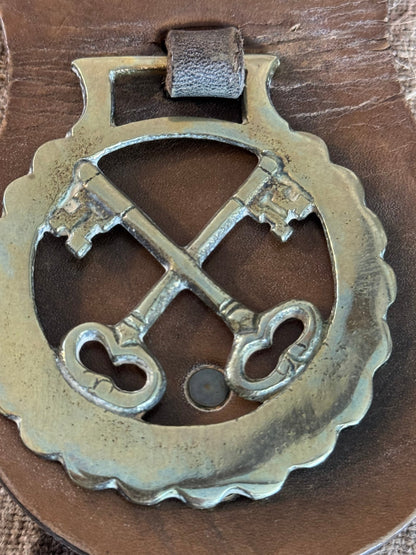 Set of Four Vintage Horse Brasses Mounted on Leather Strap - Veranda Cafe & Mercantile