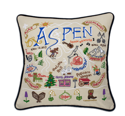Ski Aspen Hand - Embroidered Pillow - Veranda Cafe & Mercantile
