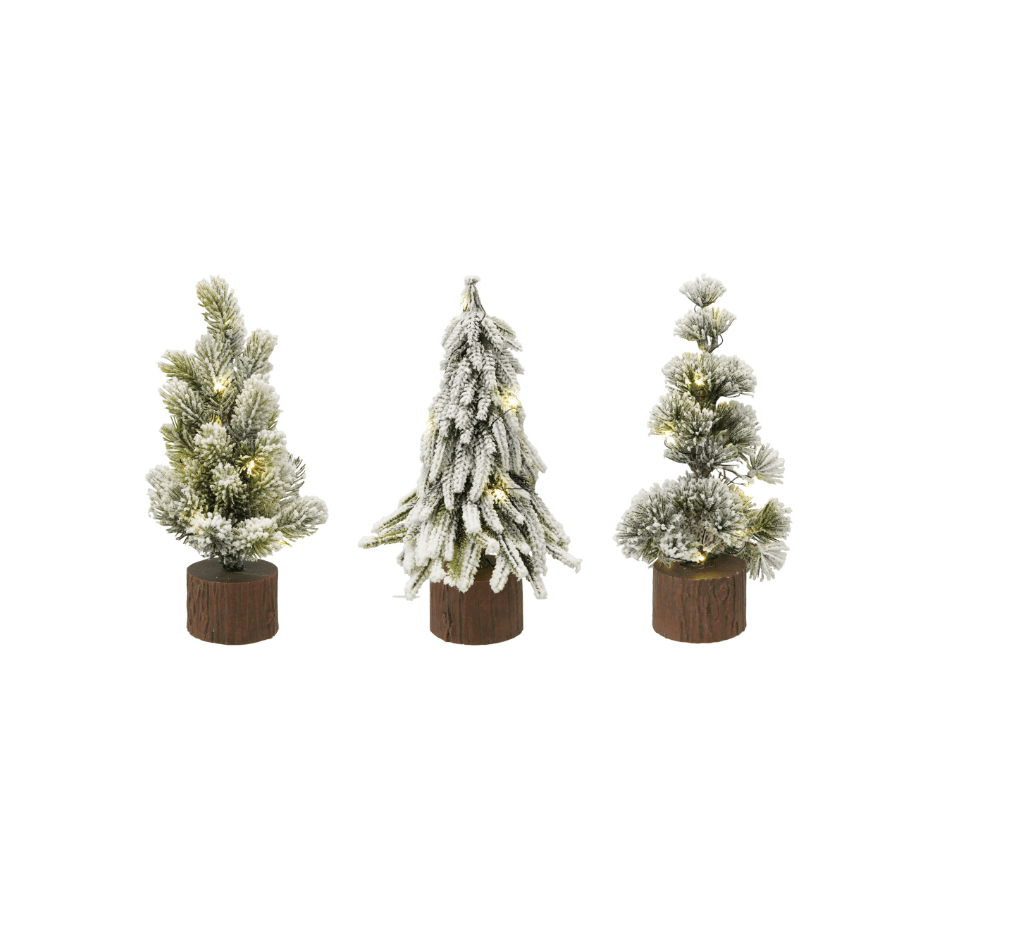 Snow‑Tipped LED Tree with Faux Wood Slice Base — 11" H - Veranda Cafe & Mercantile