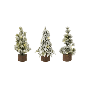 Snow‑Tipped LED Tree with Faux Wood Slice Base — 11" H - Veranda Cafe & Mercantile