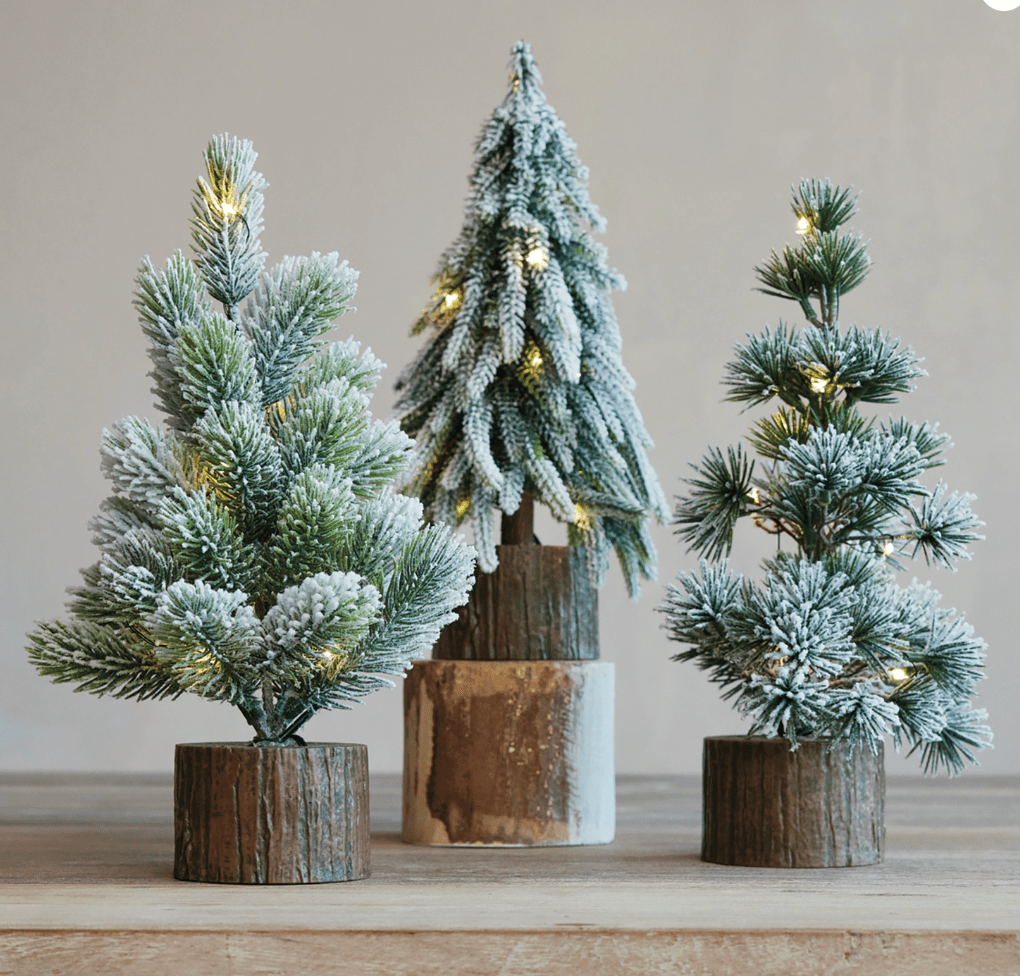 Snow‑Tipped LED Tree with Faux Wood Slice Base — 11" H - Veranda Cafe & Mercantile