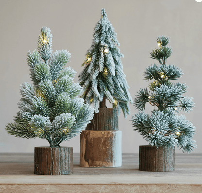 Snow‑Tipped LED Tree with Faux Wood Slice Base — 11" H - Veranda Cafe & Mercantile
