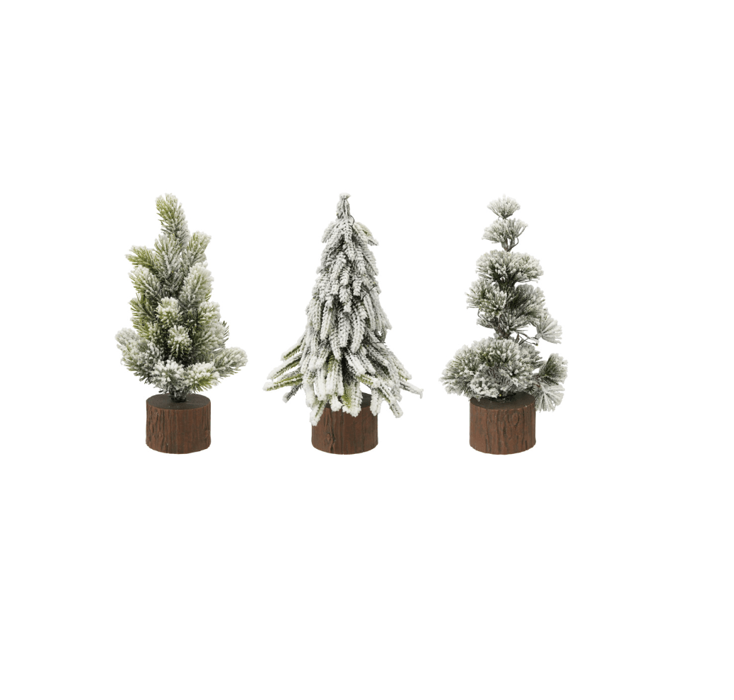Snow‑Tipped LED Tree with Faux Wood Slice Base — 11" H - Veranda Cafe & Mercantile