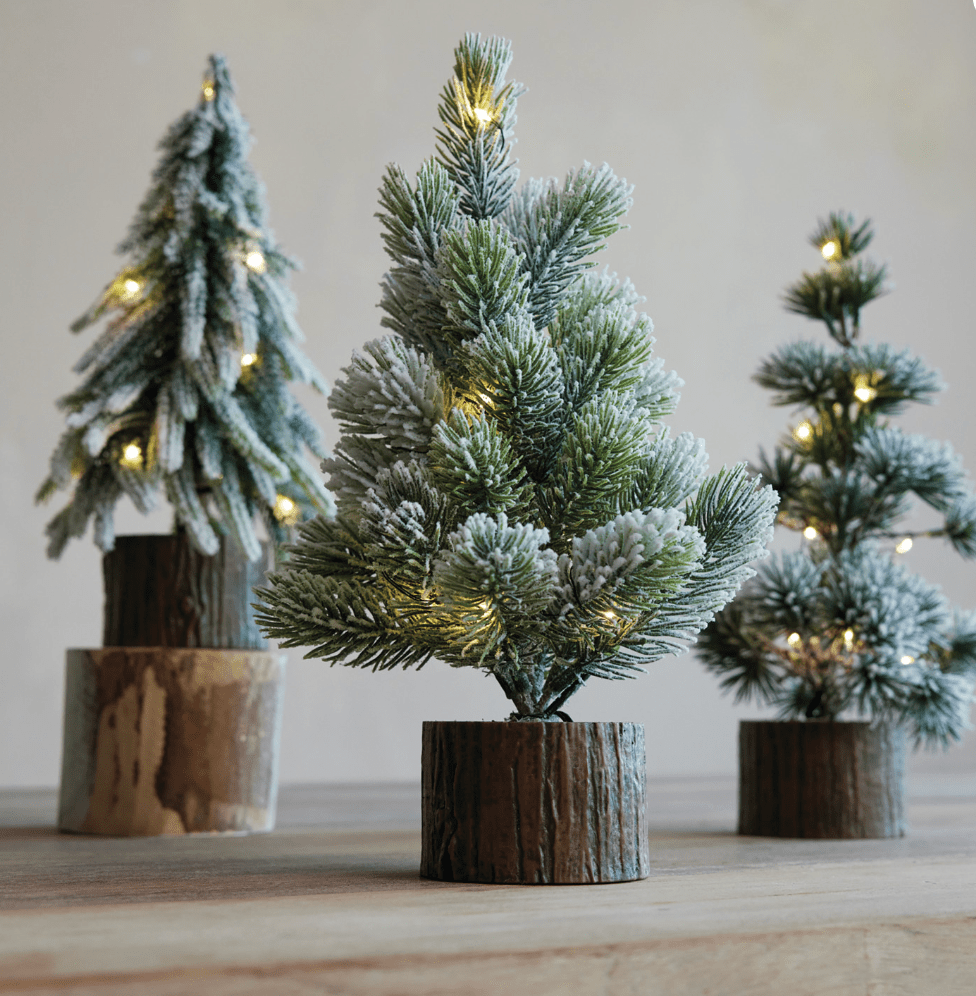 Snow‑Tipped LED Tree with Faux Wood Slice Base — 11" H - Veranda Cafe & Mercantile