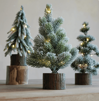 Snow‑Tipped LED Tree with Faux Wood Slice Base — 11" H - Veranda Cafe & Mercantile