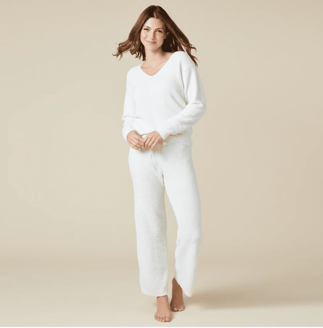 Solid Marshmallow V - Neck Lounge Set - Almond - Veranda Cafe & Mercantile