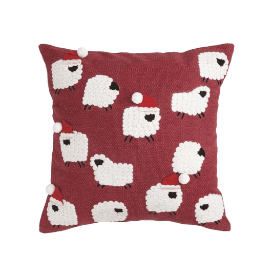 Square Farm Dhurrie Pillow with Santa Sheep - Veranda Cafe & Mercantile
