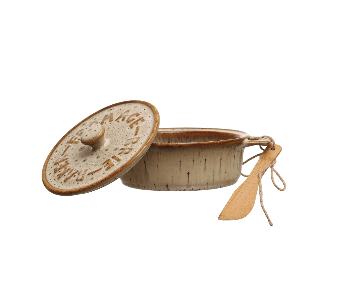 Stoneware Brie Baker with Bamboo Spreader - Veranda Cafe & Mercantile