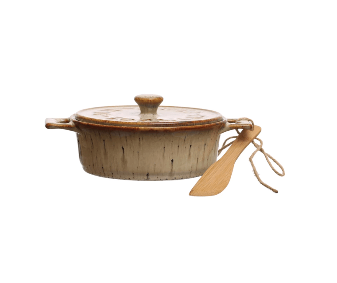 Stoneware Brie Baker with Bamboo Spreader - Veranda Cafe & Mercantile