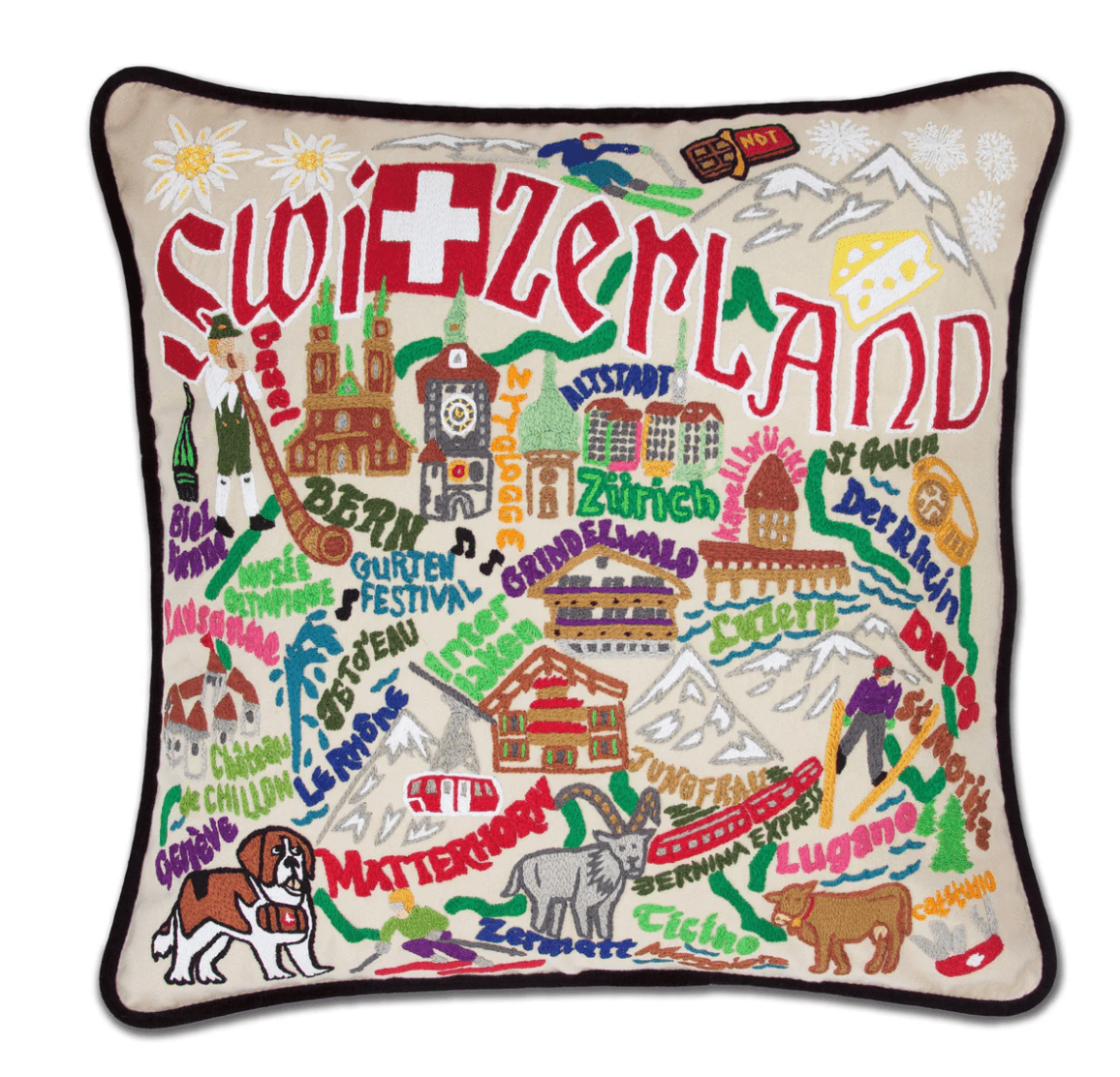 Switzerland Hand - Embroidered Pillow - Veranda Cafe & Mercantile
