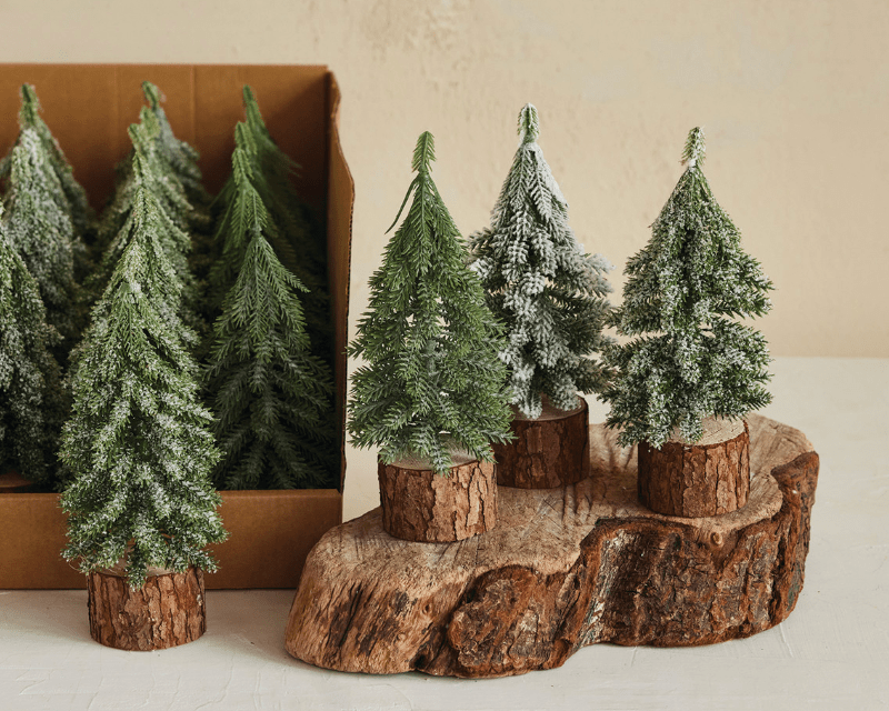 Tall Faux Evergreen Tree with Natural Wood Slice Base - 7.5"H - Veranda Cafe & Mercantile