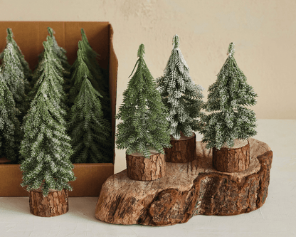 Tall Faux Evergreen Tree with Natural Wood Slice Base - 7.5"H - Veranda Cafe & Mercantile