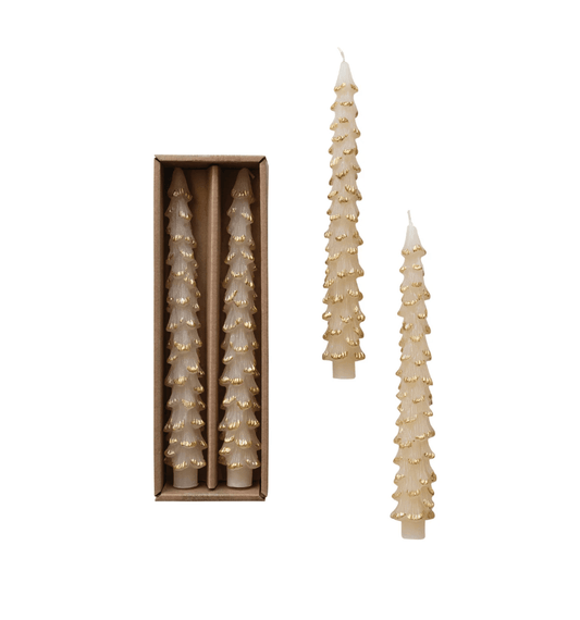 Unscented Tree Taper Candles with Gold Tips — Eggnog (Set of 2) - Veranda Cafe & Mercantile