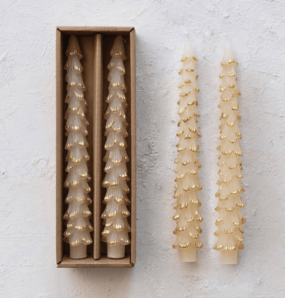 Unscented Tree Taper Candles with Gold Tips — Eggnog (Set of 2) - Veranda Cafe & Mercantile