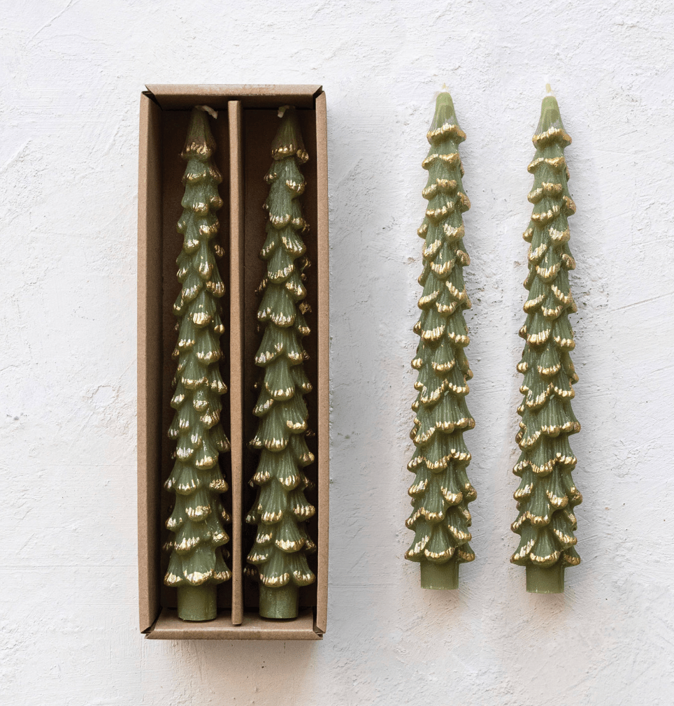 Unscented Tree Taper Candles with Gold Tips — Evergreen (Set of 2) - Veranda Cafe & Mercantile