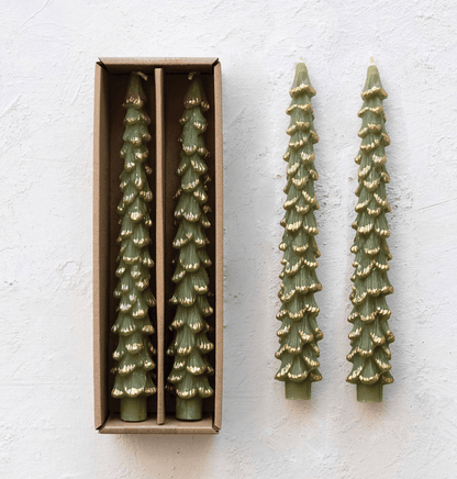 Unscented Tree Taper Candles with Gold Tips — Evergreen (Set of 2) - Veranda Cafe & Mercantile