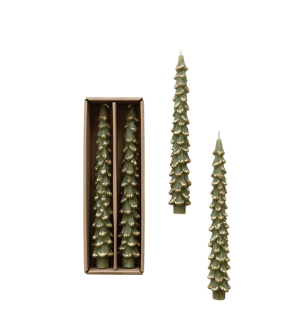 Unscented Tree Taper Candles with Gold Tips — Evergreen (Set of 2) - Veranda Cafe & Mercantile