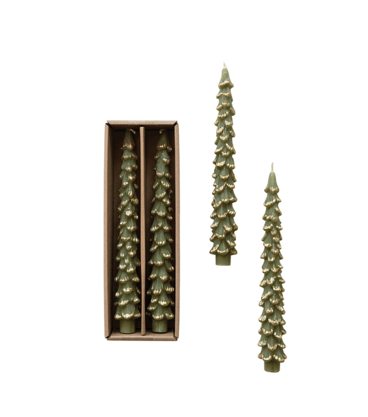 Unscented Tree Taper Candles with Gold Tips — Evergreen (Set of 2) - Veranda Cafe & Mercantile