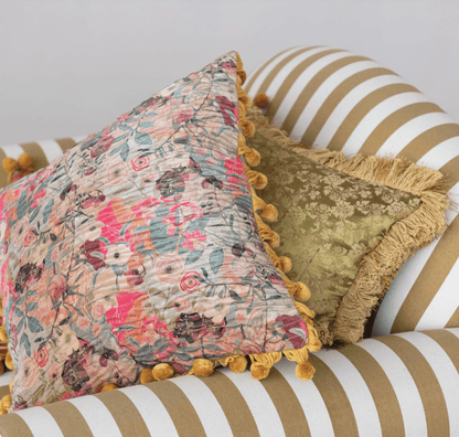 Velvet Printed Pillow w/ Hand - Embroidered Kantha Stitch - Veranda Cafe & Mercantile