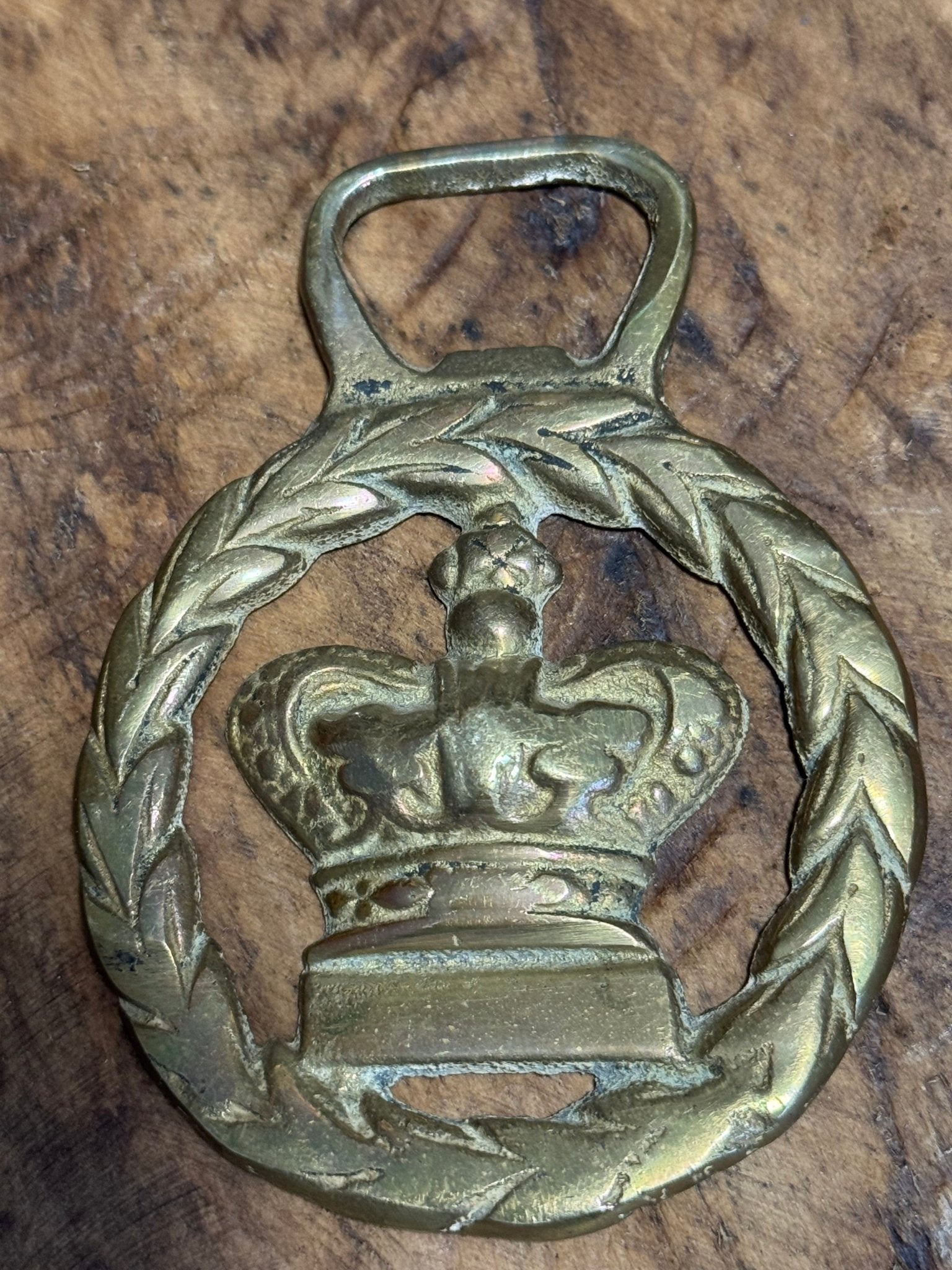 Vintage Brass Horse Brass with Queen Elizabeth II Crown Design - Veranda Cafe & Mercantile