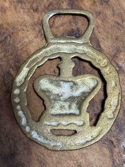 Vintage Brass Horse Brass with Queen Elizabeth II Crown Design - Veranda Cafe & Mercantile