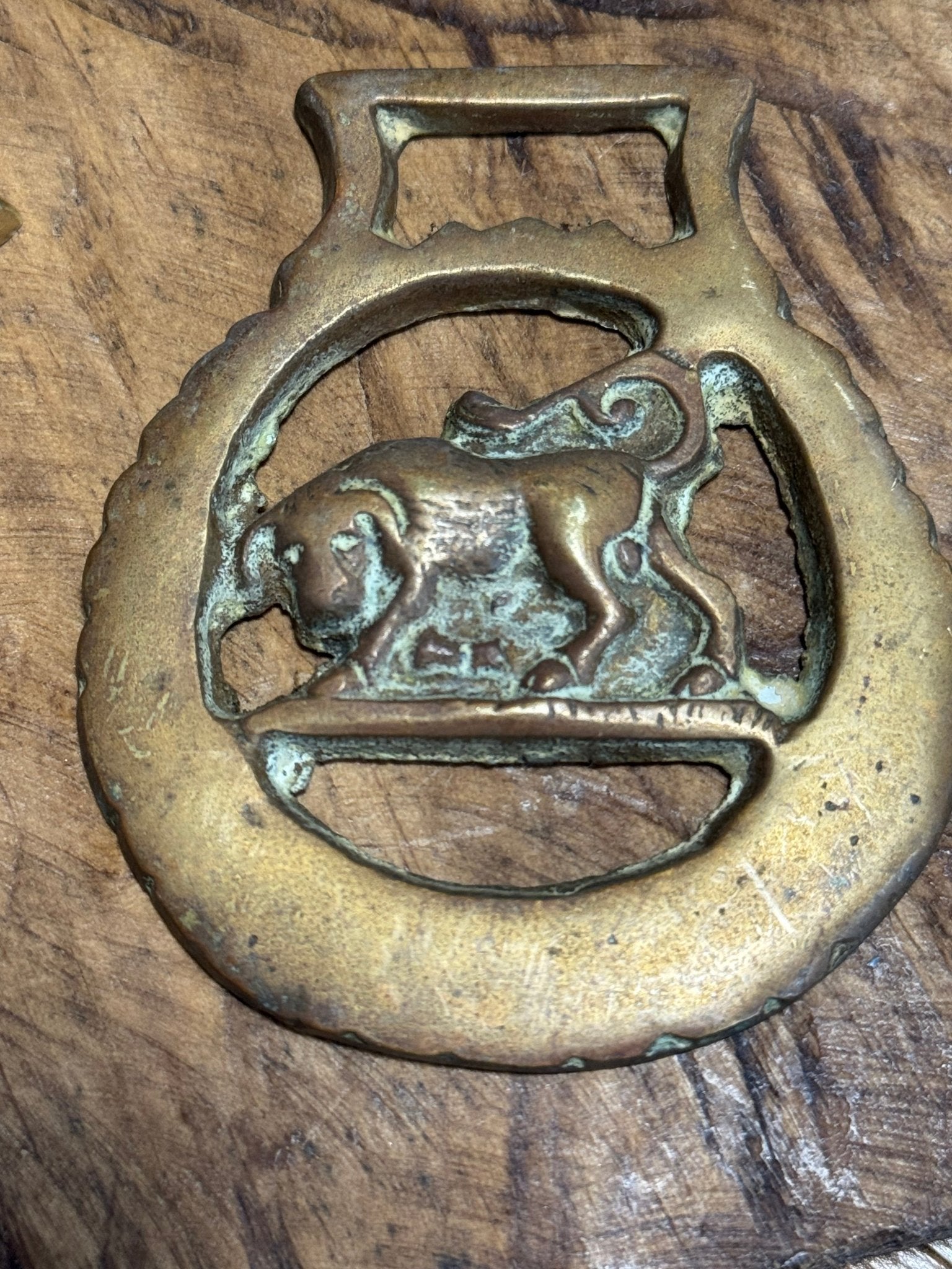 Vintage Brass Horse Medallion with Bull Figure - Veranda Cafe & Mercantile