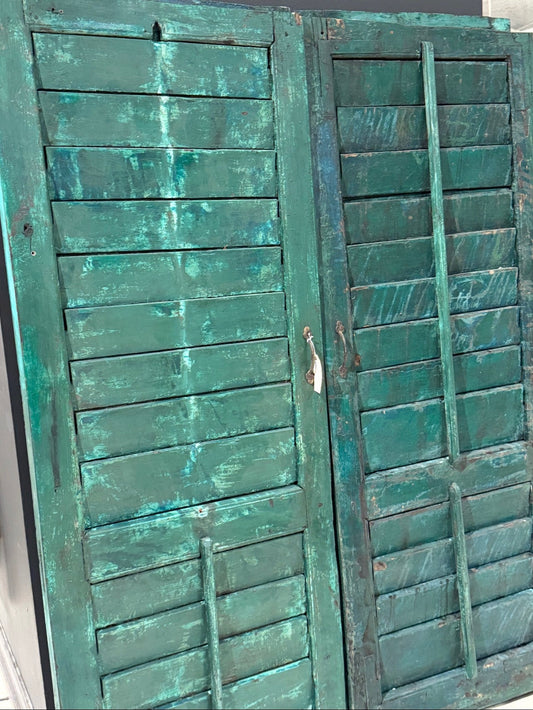 Vintage Green Wooden Louvered Shutters - Veranda Cafe & Mercantile