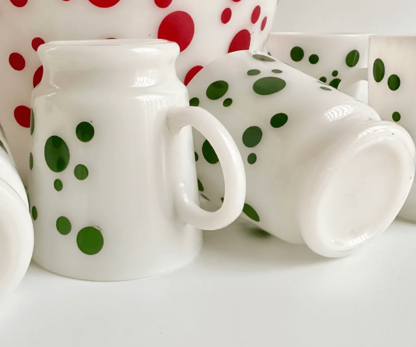Vintage Hazel Atlas Green Polka Dot Pattern Milk Glass Mug - Veranda Cafe & Mercantile