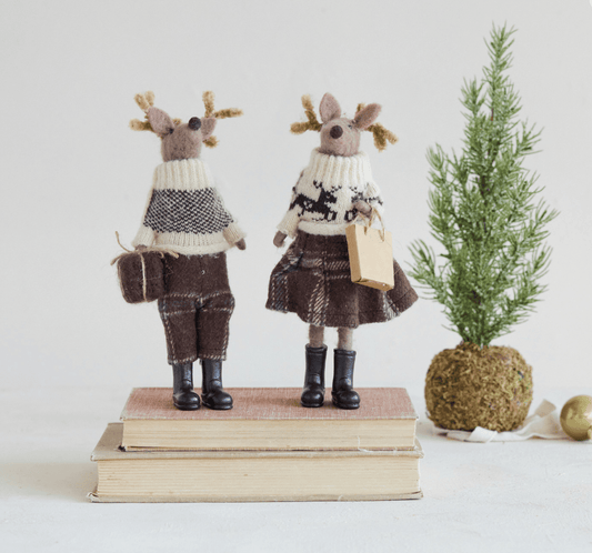 Wool Felt Deer in Winter Clothes with Present, 2 Styles - Veranda Mercantile