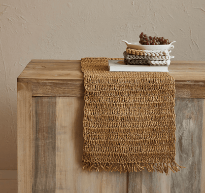 Woven Raffia Table Runner w/ Fringe - Veranda Cafe & Mercantile